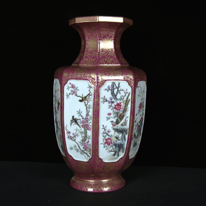 A Huge Ruby Red-Glazed Enamel Flower and Bird Pattern Vase - 4