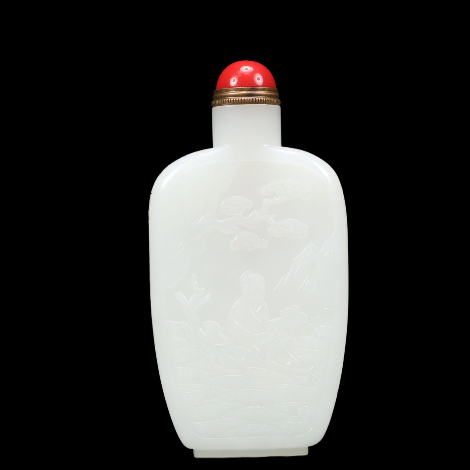 An Exquisite White Jade Figure and Crane Pattern Snuff Bottle, Inlaid Gems, with poem: An Exquisite White Jade Figure and Crane Pattern Snuff Bottle, Inlaid Gems, with poem, Qing Dynasty, China, Qianlong Four-character Mark, Size:2.4inx0.8inx4.5in, Weight:207g 精美的&#