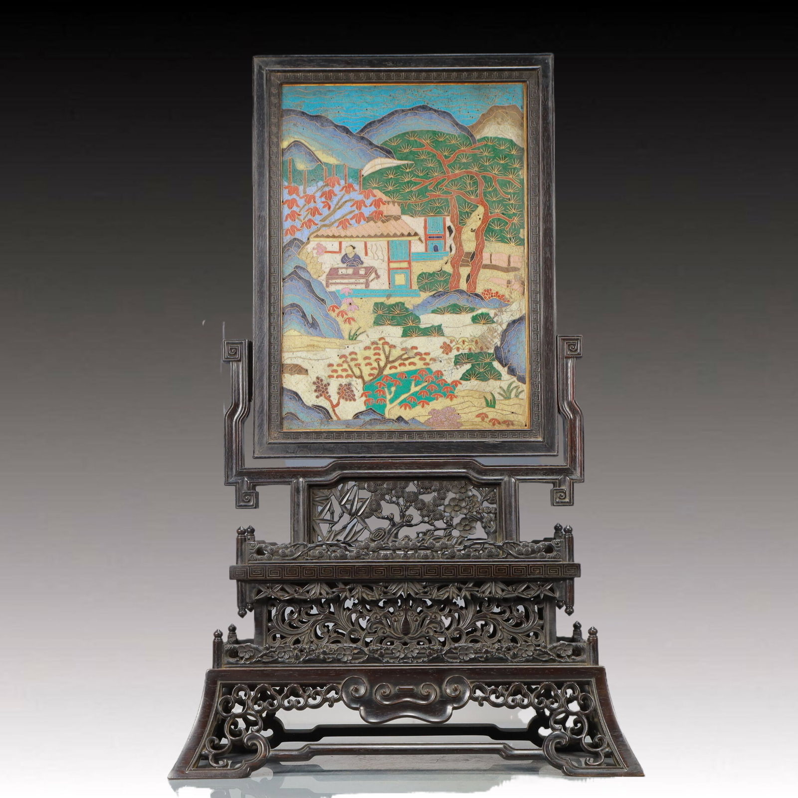 A Huge Zitanwood Landscape and Figure Pattern Table Screen: A Huge Zitanwood Landscape and Figure Pattern Table Screen,Qing Dynasty, China,Size:13.8inx6.7inx22.4in,Weight:3050g 