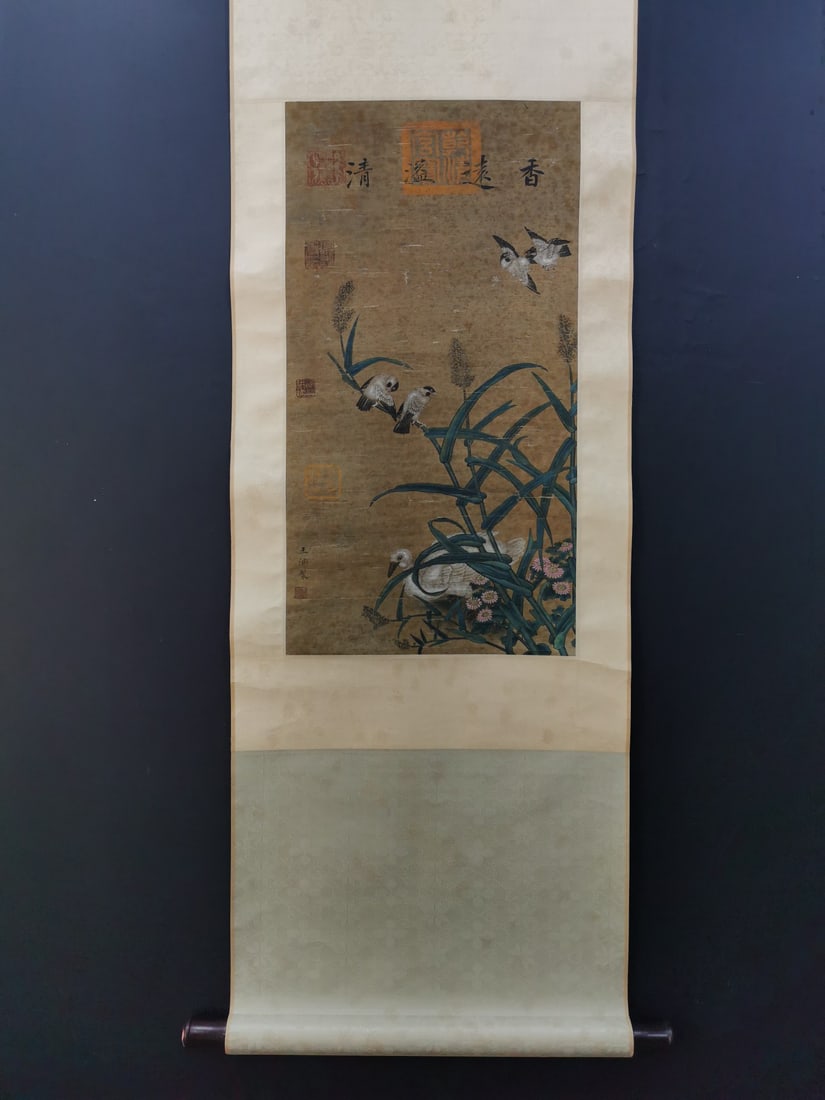 A Chinese Vertical Scroll Ink Painting of Flower and Bird on Silk: A Chinese Vertical Scroll Ink Painting of Flower and Bird on Silk,Wang Yuan,Size:23.6inx12.6in 一幅中国水墨绢本花鸟画立轴,