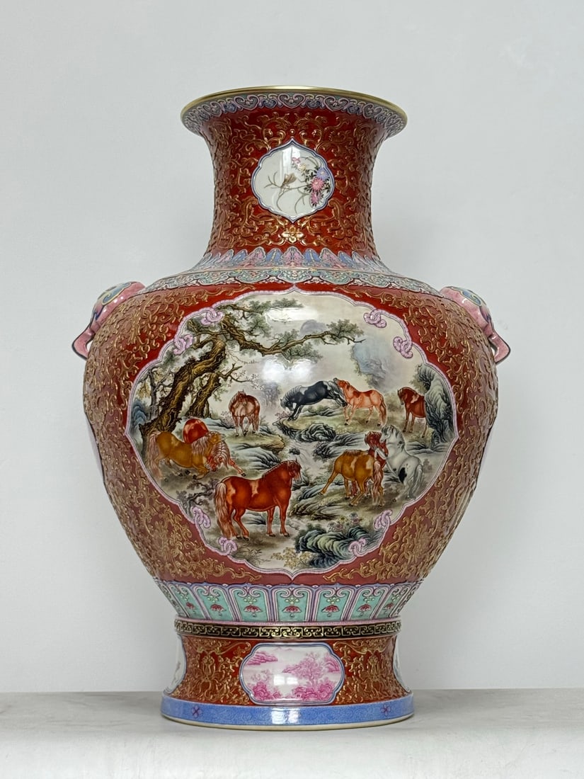A Huge Enamel Iron-Red Painted Gold Horse Pattern Elephant-Ears Vase: A Huge Enamel Iron-Red Painted Gold Horse Pattern Elephant-Ears Vase,Qing Dynasty,China,Qianlong Six-character Mark,Size:22inx16.5in 