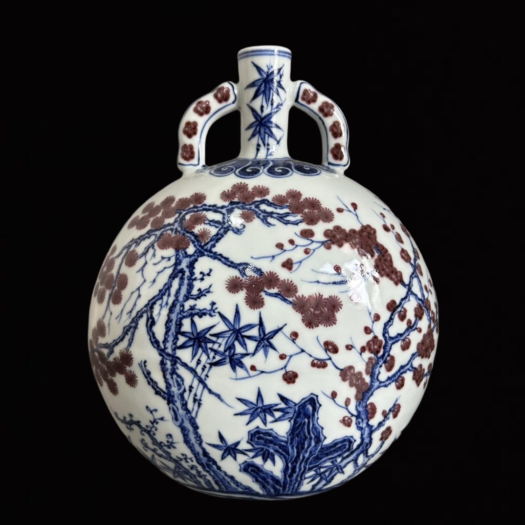 An Exquisite Blue and White Underglaze-Red Pine,Bamboo and Plum Blossom Pattern Double-Ears Vase: An Exquisite Blue and White Underglaze-Red Pine,Bamboo and Plum Blossom Pattern Double-Ears Vase,Qing Dynasty,China,Size:6.9inx9.8in