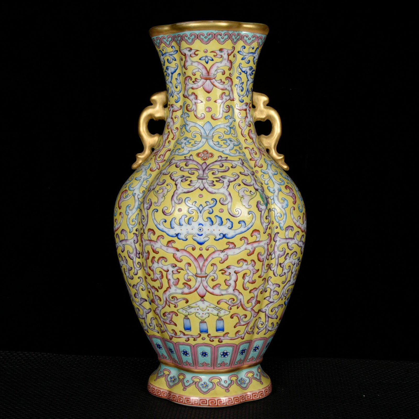 A Rare Yellow Ground Enamel Painted Gold Lotus Pattern Double-Ears Vase: A Rare Yellow Ground Enamel Painted Gold Lotus Pattern Double-Ears Vase,Qing Dynasty,China,Yongzheng Four-character Mark,Size:12.8inx9.1inx7.5in 