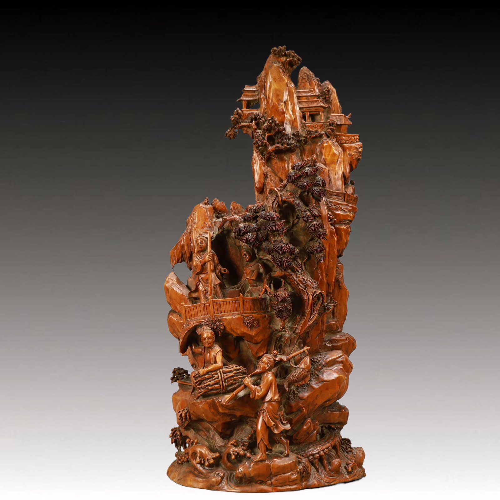 A Huge Boxwood Carved Landscape and Figure Pattern Ornament: A Huge Boxwood Carved Landscape and Figure Pattern Ornament,Qing Dynasty, China,Size:7.3inx3.5inx16.7in,Weight:1600g 黄杨木雕刻山水人物纹