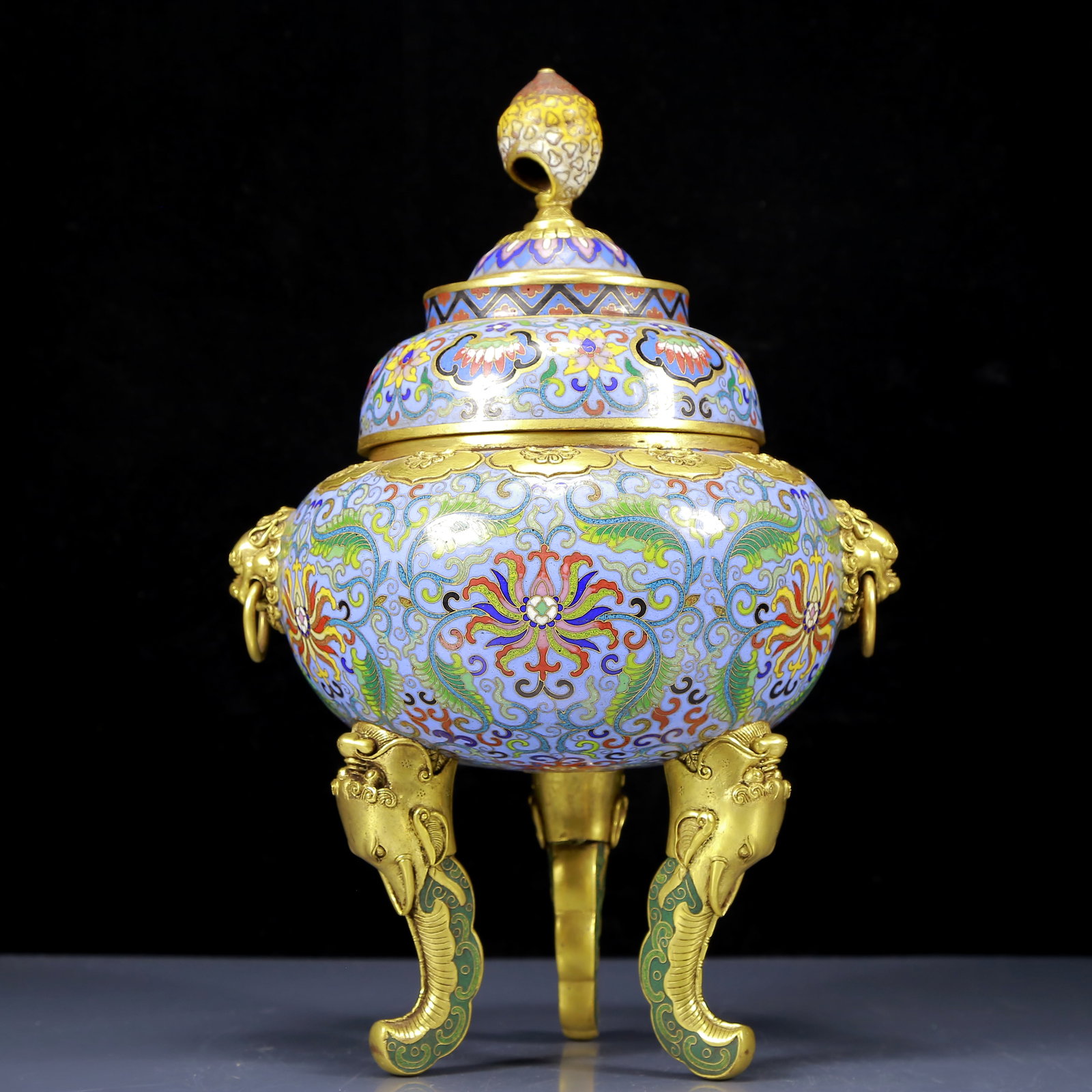A Rare Cloisonne Lotus Pattern Double-Ears and Tripod Censer: A Rare Cloisonne Lotus Pattern Double-Ears and Tripod Censer,Qing Dynasty, China,Qianlong Four-character Mark,Size:9.1inx7.1inx13.4in,Weight:4310g 景泰蓝缠枝莲ń