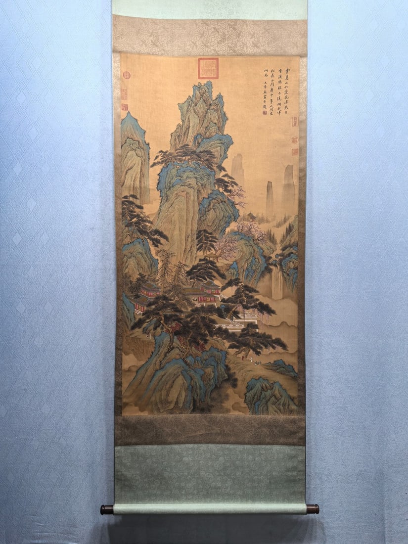 A Chinese Vertical Scroll Ink Painting of Landscape on Silk: A Chinese Vertical Scroll Ink Painting of Landscape on Silk,Wang Ximeng,Size:27.2inx55in 