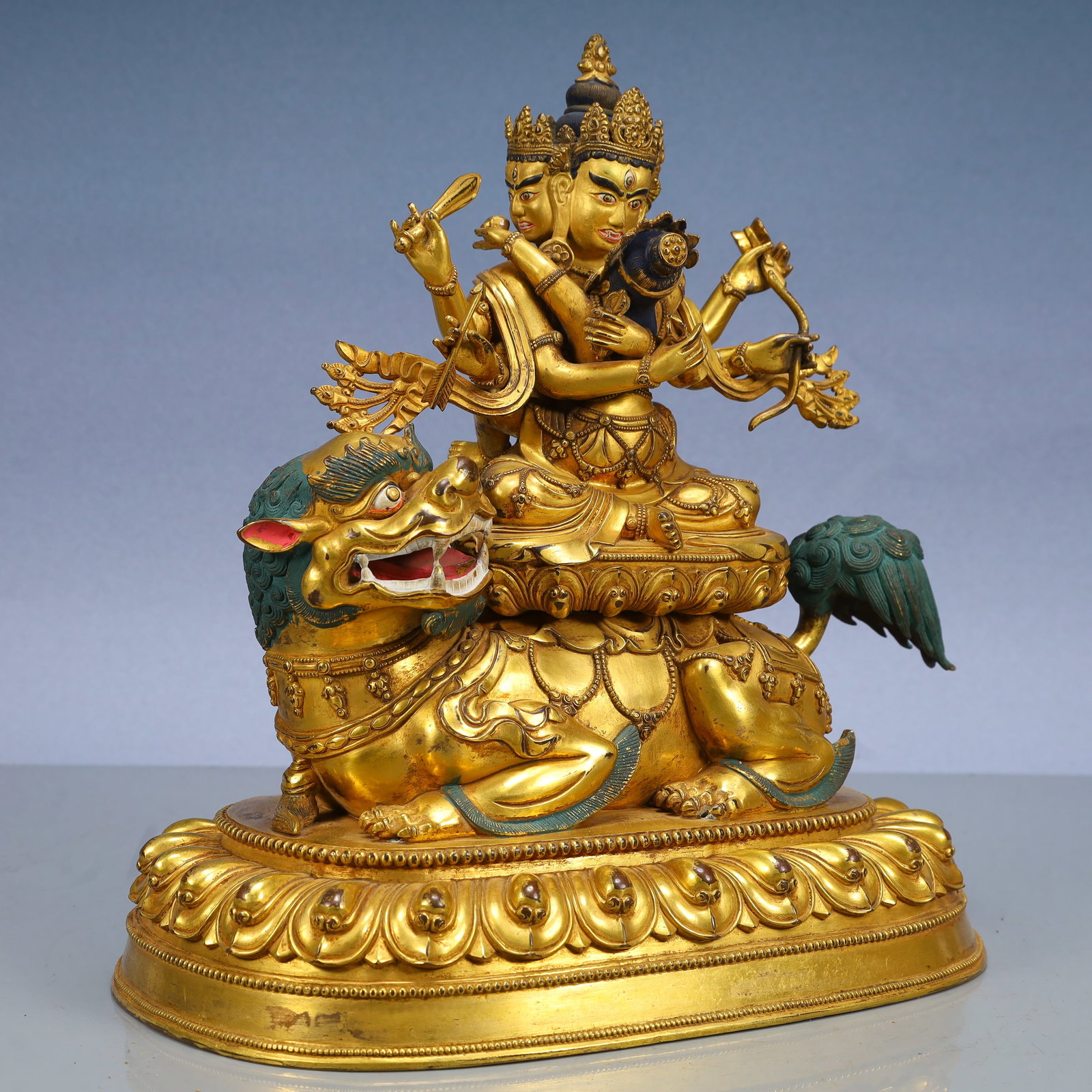 A Solemn Gilt Bronze Statue of Manjusri Rides the Lion - 6