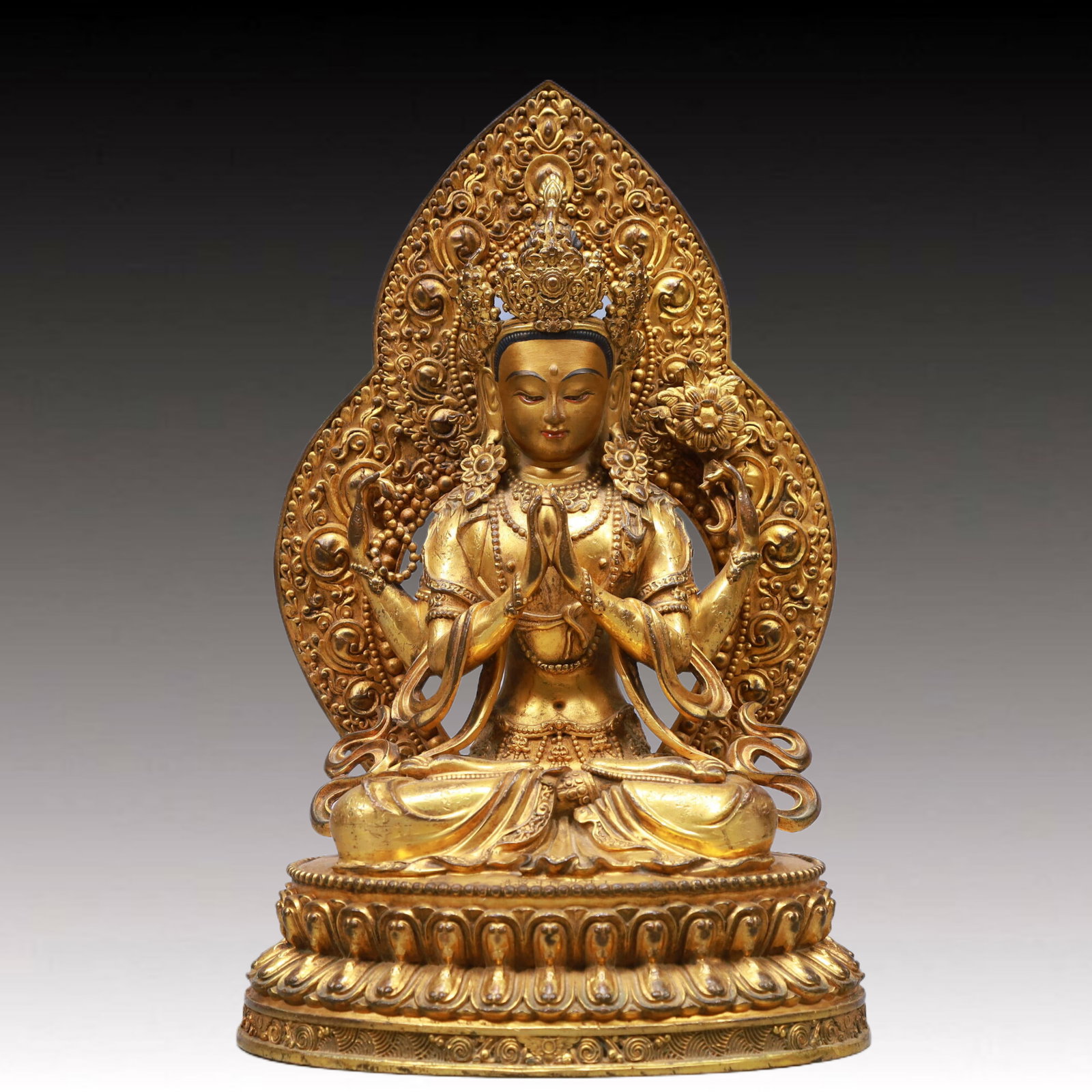 A Solemn Gilt Bronze Statue of Gautama’s Mother: A Solemn Gilt Bronze Statue of Gautama’s Mother,Qing Dynasty, China, Qianlong Mark,Size:21x14x13in,Weight:5500g 铜鎏金佛母像,清代,乾隆