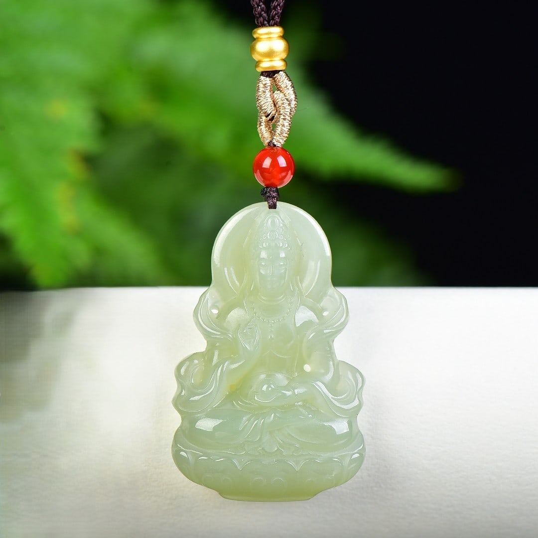 An Exquisite Greenish Jade Statue of Avalokitesvara Pendant: An Exquisite Greenish Jade Statue of Avalokitesvara Pendant,Size:1.1inx1.7in 青玉观音像挂件