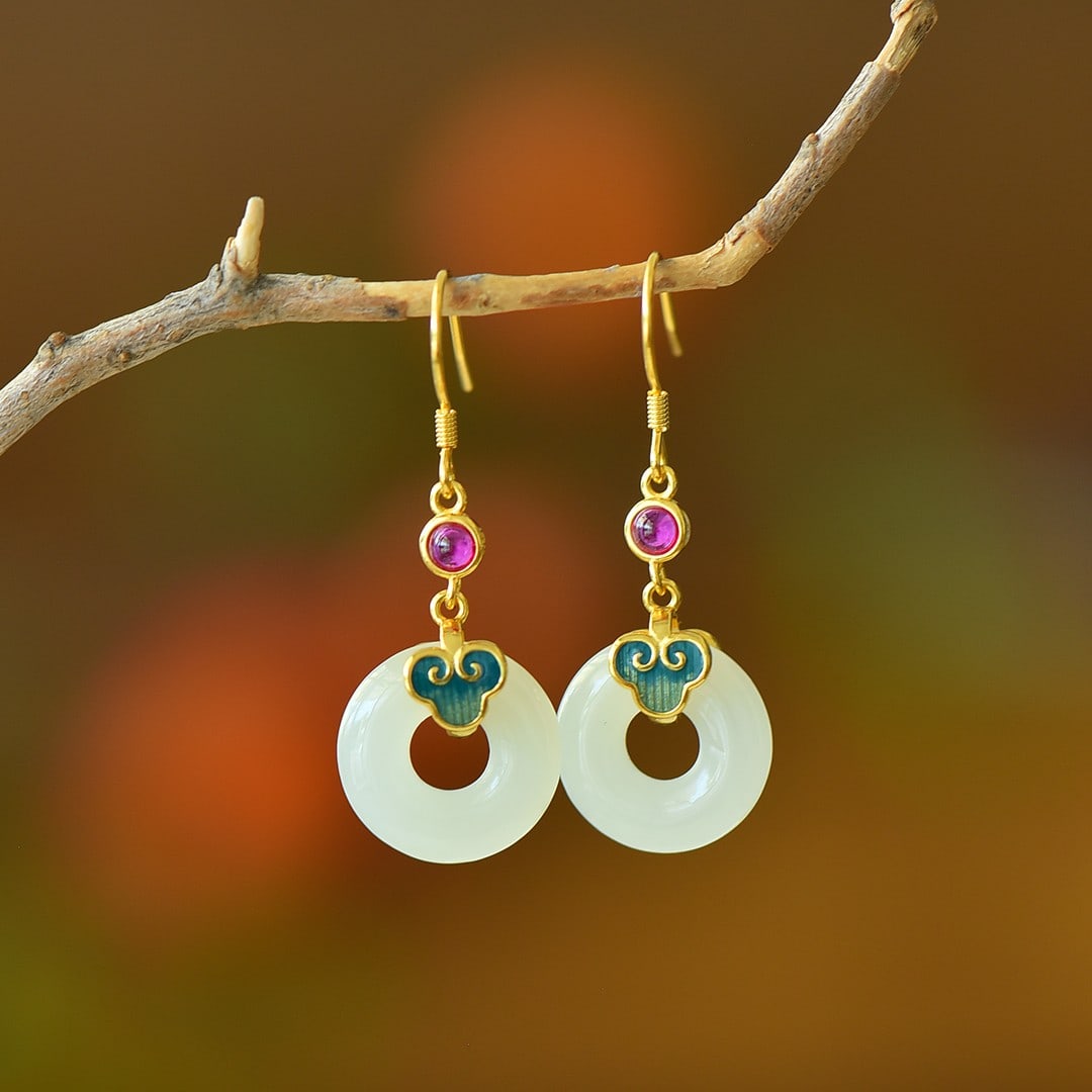 A Pair of Exquisite Sterling Silver-Gold Plated Inlaid White Jade Earrings: A Pair of Exquisite Sterling Silver-Gold Plated Inlaid White Jade Earrings 一对纯银镀金镶白玉耳环
