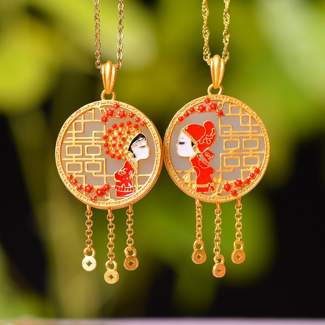 A Pair of Exquisite Sterling Silver-Gold Plated Inlaid White Jade Pendant,Inlaid Gems: A Pair of Exquisite Sterling Silver-Gold Plated Inlaid White Jade Pendant,Inlaid Gems 