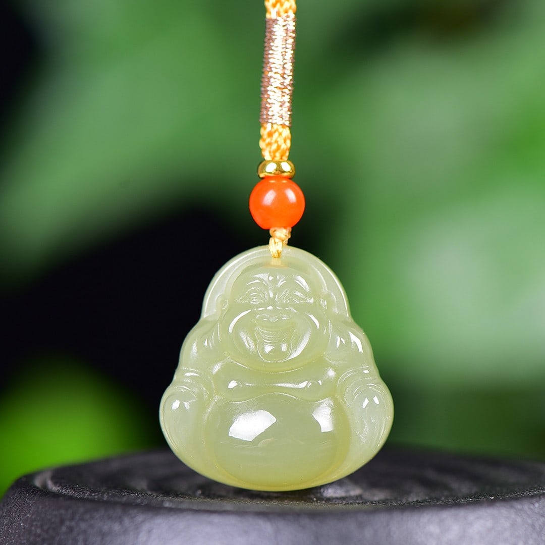 An Exquisite Greenish Jade Statue of Maitreya Buddha Pendant: An Exquisite Greenish Jade Statue of Maitreya Buddha Pendant,Size:1inx1in 青玉弥勒佛像挂件