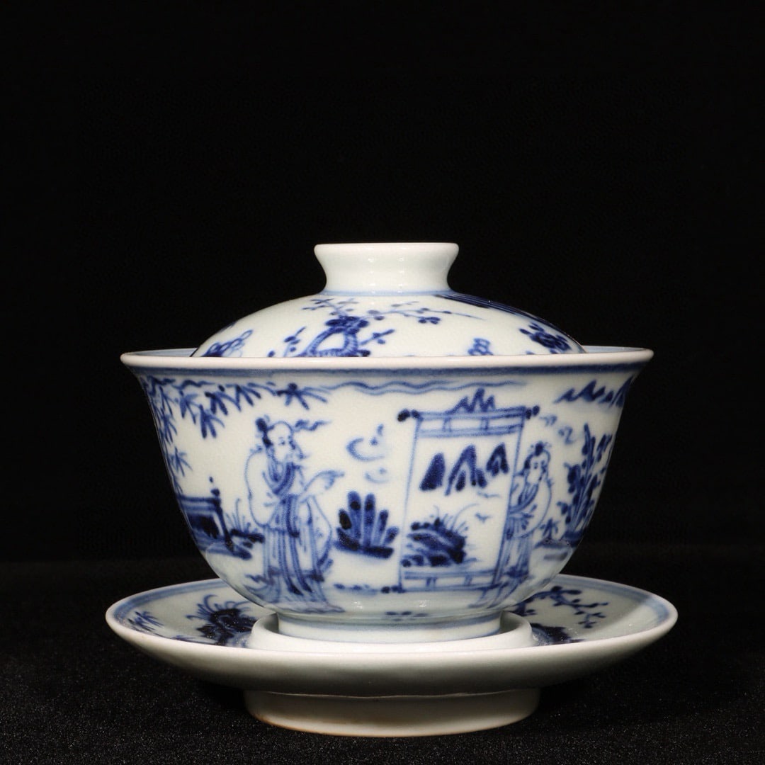 An Exquisite Blue and White Character and Story Pattern Bowl with Cover,with Plate: An Exquisite Blue and White Character and Story Pattern Bowl with Cover,with Plate,Ming Dynasty,China,Xuande Six-character Mark,Size:4.1inx4.5in 青花人物故事纹