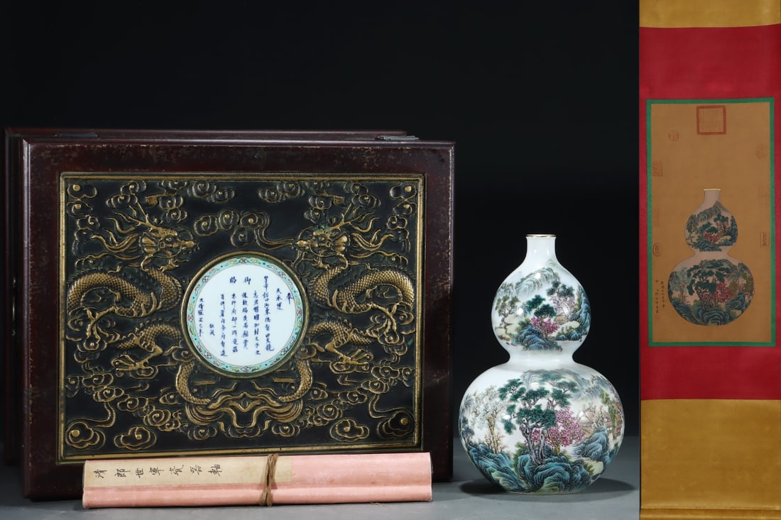 A Rare Famille-Rose Landscape Pattern Gourd-Shaped Vase,with Chinese Vertical Scroll Ink Painting on: A Rare Famille-Rose Landscape Pattern Gourd-Shaped Vase,with Chinese Vertical Scroll Ink Painting on Silk,Qing Dynasty,China,Yongzheng Six-character Mark,Size:(Without frame)24.4inx12.2in,(Porcelain)1