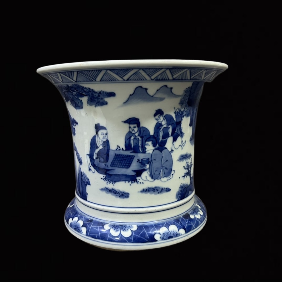An Exquisite Blue and White Character and Story Pattern Brush Pot: An Exquisite Blue and White Character and Story Pattern Brush Pot,Qing Dynasty,China,Kangxi Six-character Mark,Size:7.8inx8.7in