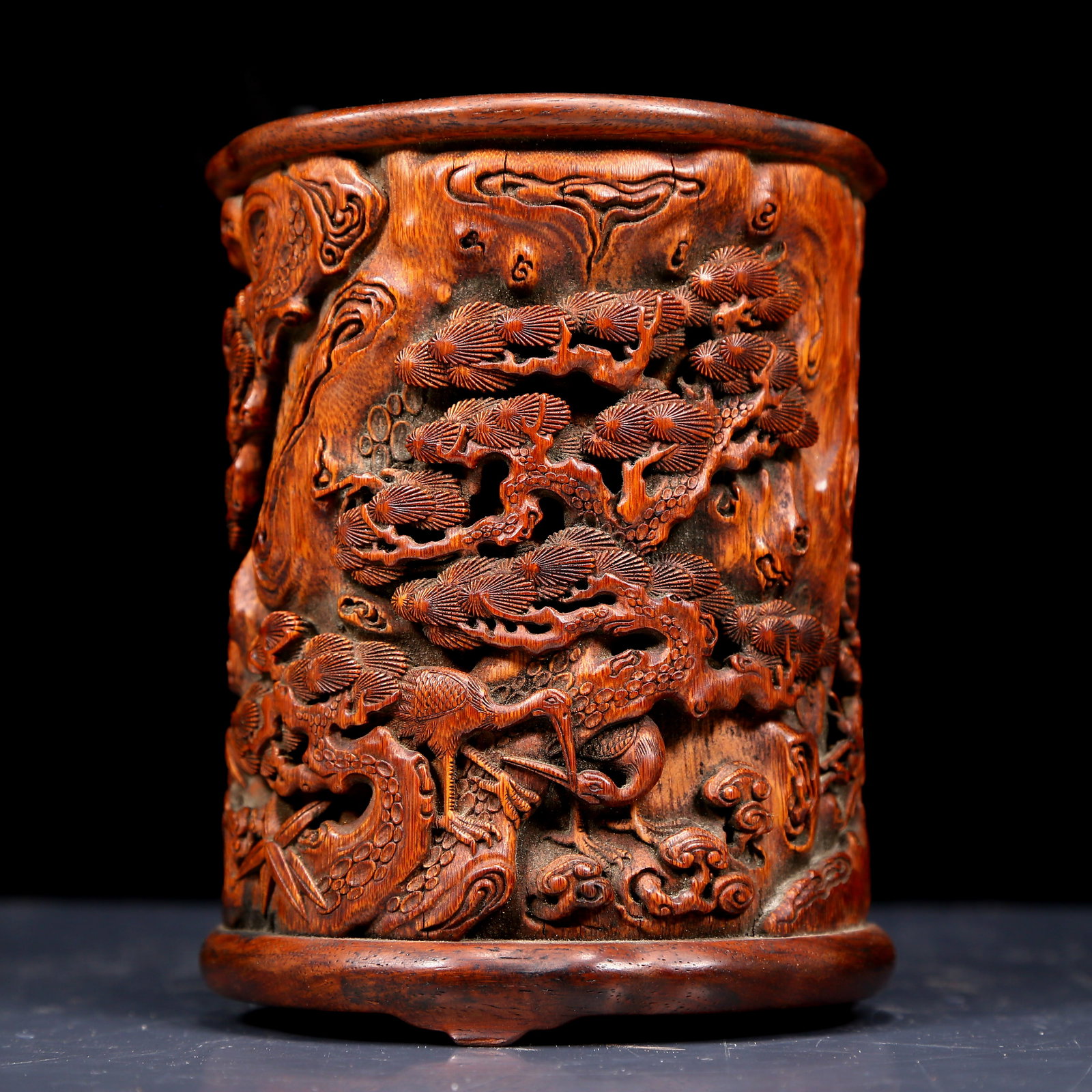 An Exquisite Bamboo Pine and Crane Pattern Brush Pot,With Poem: An Exquisite Bamboo Pine and Crane Pattern Brush Pot,With Poem,Qing Dynasty, China,Size:5.1inx6.3in；Weight:490g 竹雕松鹤纹笔筒，带诗&