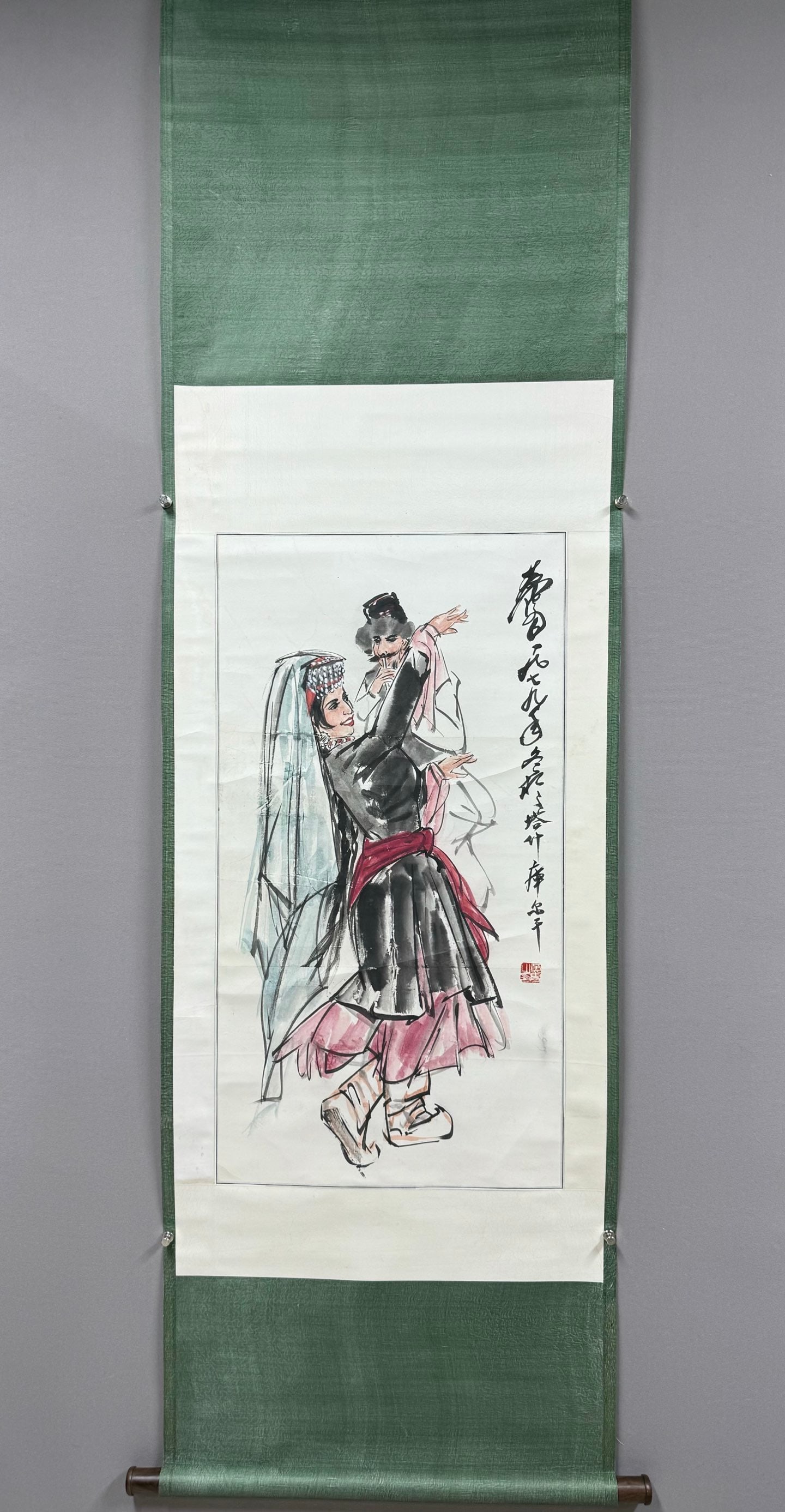 A Chinese Vertical Scroll Ink Painting of Character and Story on Paper: A Chinese Vertical Scroll Ink Painting of Character and Story on Paper,Huang Zhou,Size:35.4inx18.9in 一幅中国水墨人物故事画立