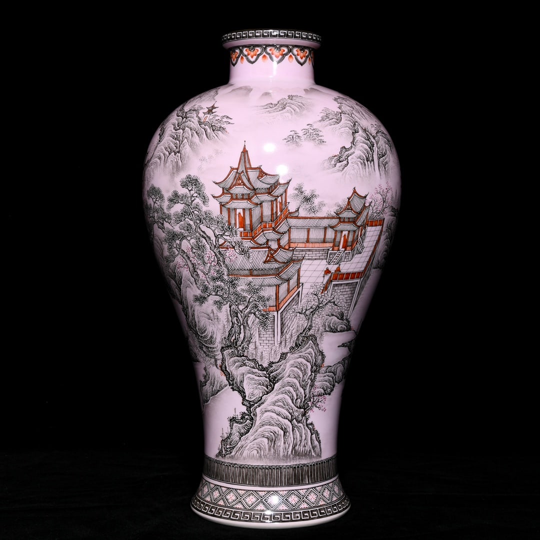 A Rare Ink Color Landscape Pattern Vase: A Rare Ink Color Landscape Pattern Vase,Qing Dynasty,China,Qianlong Six-character Mark,Size:15.4inx8.3in 墨彩山水纹瓶,中国清代,乾Ɓ