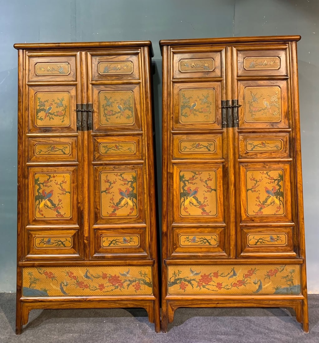 A Pair of Huge Huanghuali wood Flower and Bird Pattern Cabinets,With Poem: A Pair of Huge Huanghuali wood Flower and Bird Pattern Cabinets,With Poem,Qing Dynasty, China,Size:70.9inx35.4inx17.3in 一对黄花梨木花鸟纹柜