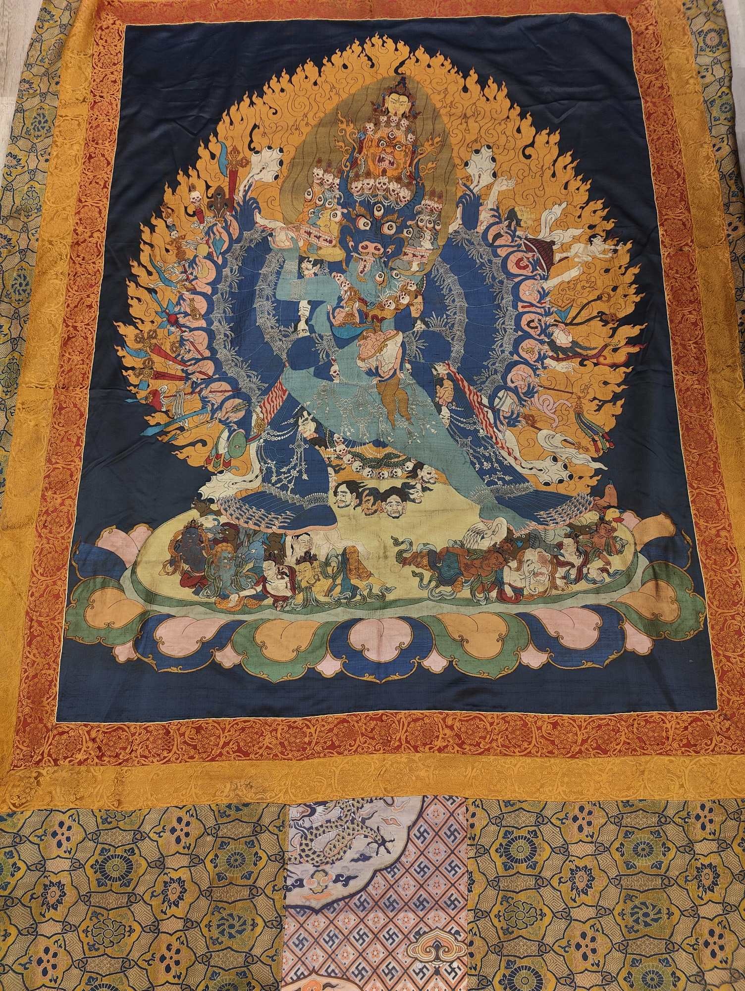 Brocade of Yamantaka Thangka: Qing dynasty brocade weaving thangka. Brocade weaving is a traditional Chinese silk weaving technique, famous for its noble materials, delicate craftsmanship and intricate patterns. Yamantaka is an im