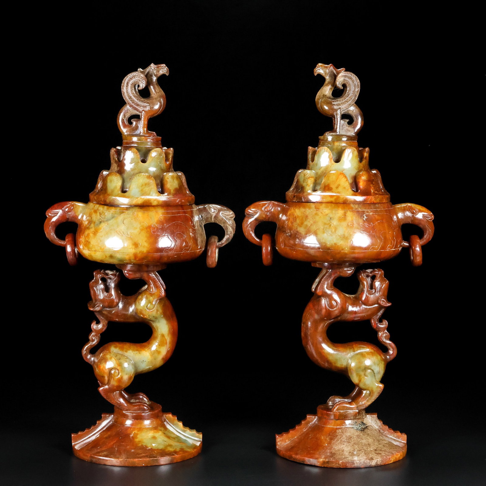 A Pair of Exquisite Archaic Jade Dragon and Phoenix Pattern Censers: A Pair of Exquisite Archaic Jade Dragon and Phoenix Pattern Censers,Ancient Time,China,Size:11.8inx5.9inx4.3in,Weight:2221g 一对高古玉龙凤纹香