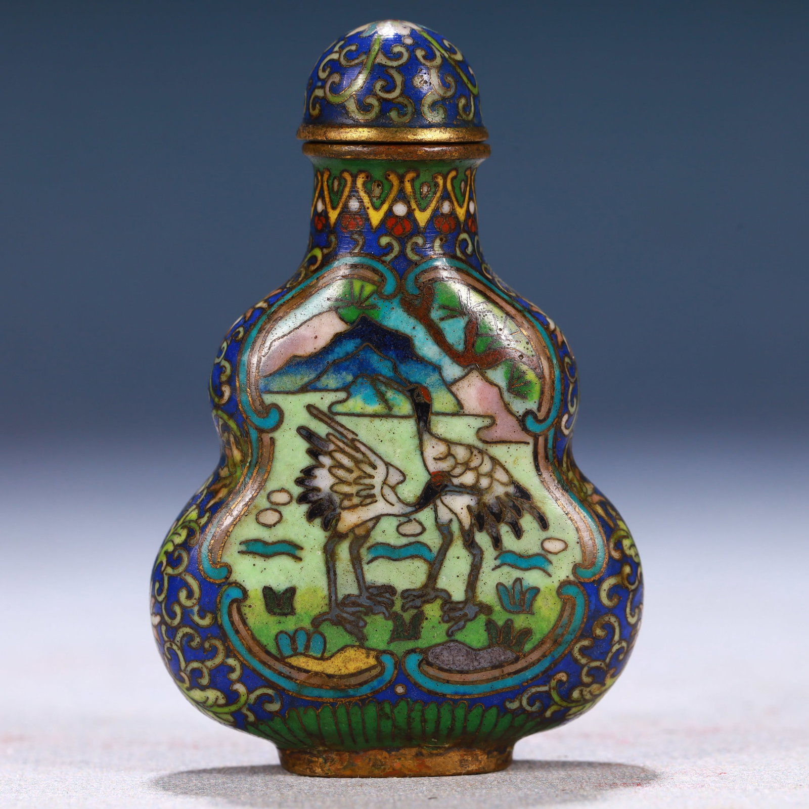 An Exquisite Cloisonne Pine and Crane Pattern Snuff Bottle: An Exquisite Cloisonne Pine and Crane Pattern Snuff Bottle,Qing Dynasty,China 景泰蓝松鹤纹鼻烟壶,中国清代