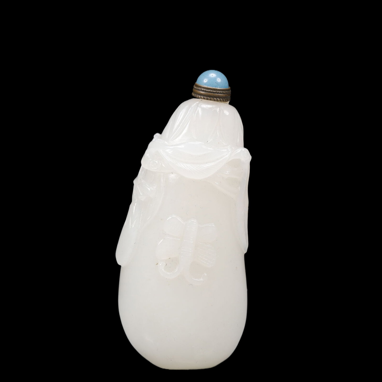 An Exquisite White Jade Butterfly Pattern Snuff Bottle, Inlaid Gems: An Exquisite White Jade Butterfly Pattern Snuff Bottle, Inlaid Gems, Qing Dynasty, China, Size:1.4inx0.8inx3.3in, Weight:100g 