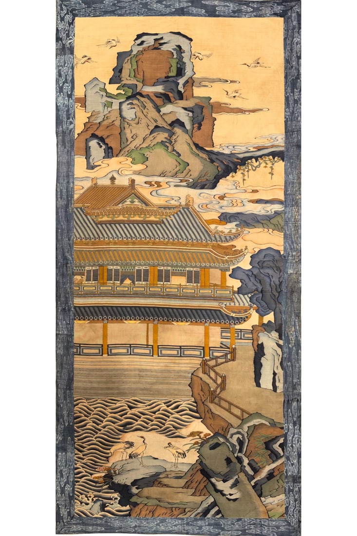 An exquisite kesi landscape painting: An exquisite landscape painting on kesi, Qing Dynasty, China, kesi craftsmanship is an ancient and fine handicraft with a long history and unique skills in China. This technique is usually used on sil