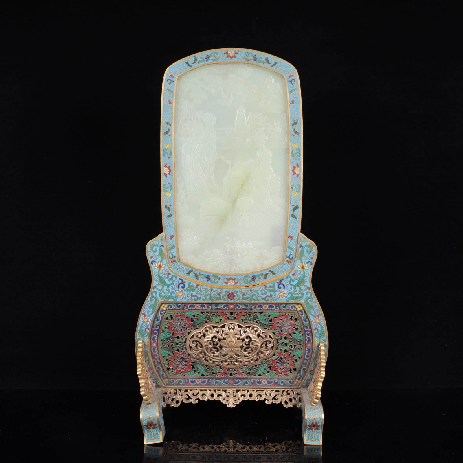 An Exquisite Cloisonne Inlaid White Jade Figure Pattern Table Screen,with poem: An Exquisite Cloisonne Inlaid White Jade Figure Pattern Table Screen,with poem,Qing Dynasty, China,Size:19.7inx10.2inx6.7in,Weight:3200g 景泰蓝嵌白玉人物