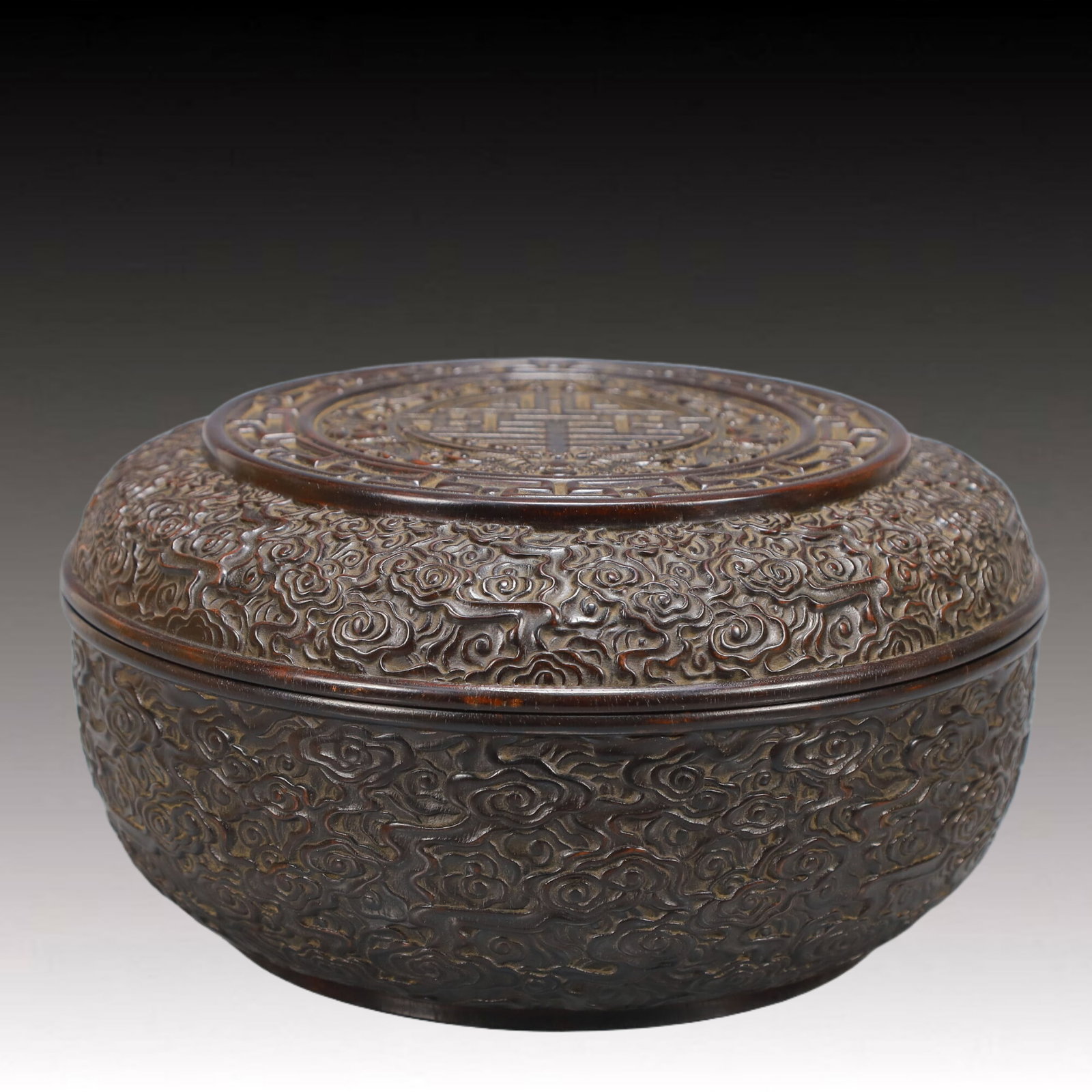 An Exquisite Zitanwood Auspicious Cloud and Shou-Character Pattern Cover Box: An Exquisite Zitanwood Auspicious Cloud and Shou-Character Pattern Cover Box,Qing Dynasty, China,Size:10.2inx4.9in,Weight:1950g 紫檀木祥云寿字纹盖