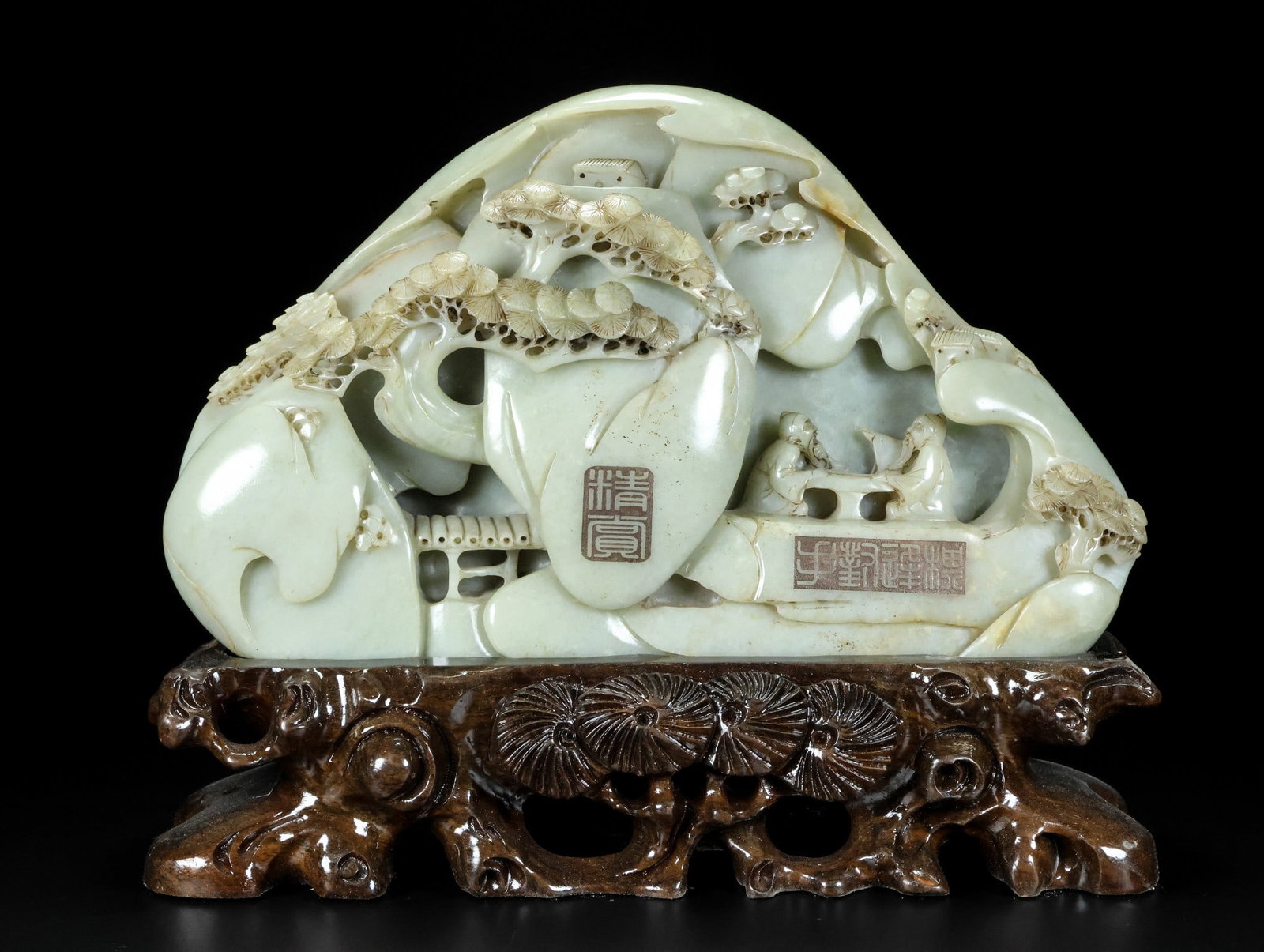 An Exquisite Greenish Jade Rockery Ornament: An Exquisite Greenish Jade Rockery Ornament,Qing Dynasty,China,With Mark,Size:5.9inx9.8inx3.1in,Weight:2572g 青白玉山子摆件,中国清代,&