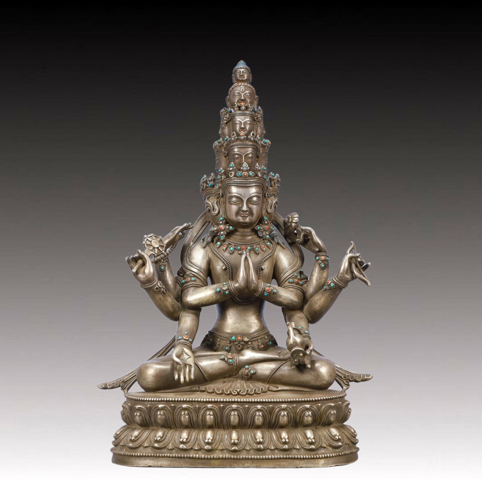 A Solemn Bronze Inlaid Gems Statue of Avalokitesvara: A Solemn Bronze Inlaid Gems Statue of Avalokitesvara,Ming Dynasty, China,Size:8.7inx6.3inx15in Weight:5100g 铜嵌宝石观音像,中国明代