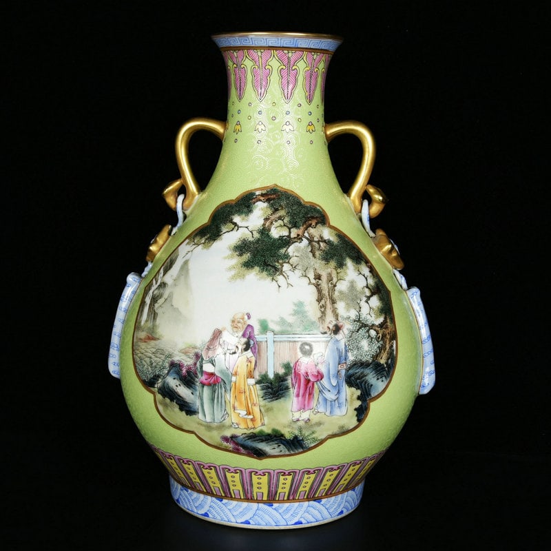 A Rare Green Ground Enamel Character and Story Pattern Double-Ears Vase: A Rare Green Ground Enamel Character and Story Pattern Double-Ears Vase,Qing Dynasty,China,Qianlong Four-character Mark,Size:13.8inx9.4in 绿地珐琅彩人物ਠ