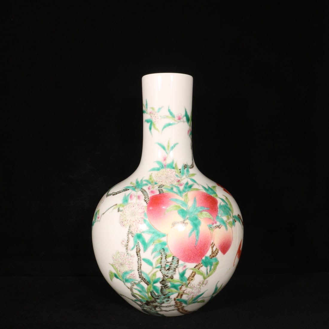 A Rare Famille-Rose Bats and Peach Pattern Vase: A Rare Famille-Rose Bats and Peach Pattern Vase,Qing Dynasty,China,Yongzheng Six-character Mark,Size:14.4inx9.3in 粉彩福寿纹瓶,中国清代,&