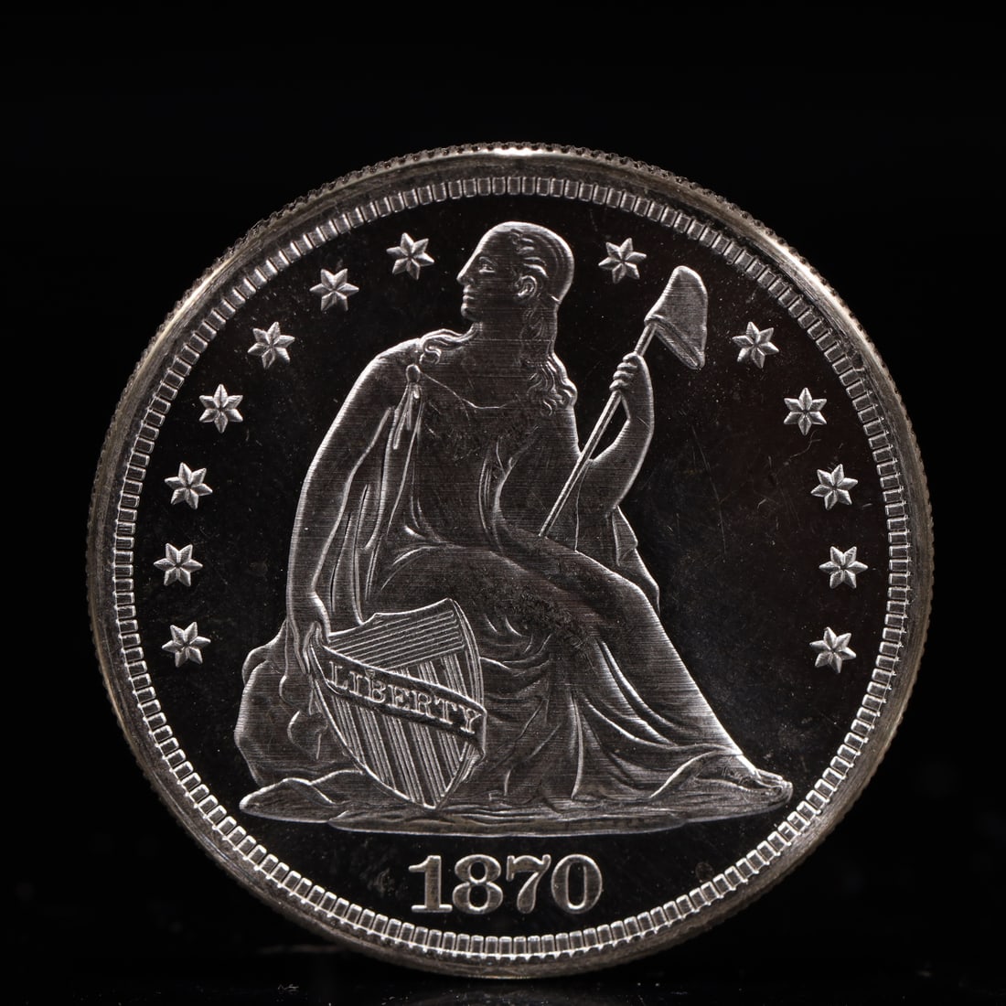 USA One Dollar 1870 Coin: American coin. IN GOD WE TRUST / LIBERTY / 1870 / UNITED STATES OF AMERICA / ONE DOL. Mint Mark: CC.Weight:26.9g.