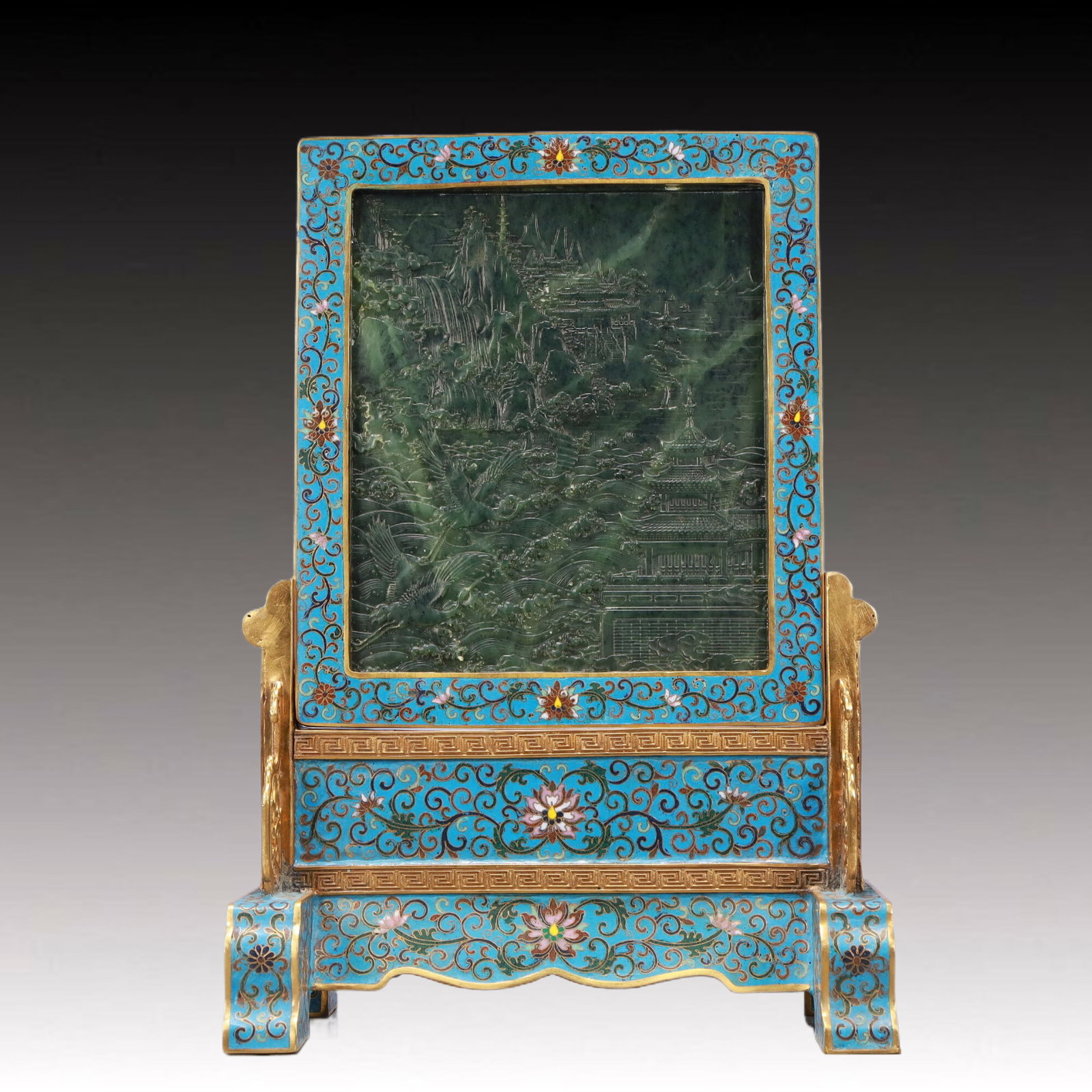 A Rare Cloisonne Lotus Pattern Table Screen,Inlaid Landscape Pattern Jasper: A Rare Cloisonne Lotus Pattern Table Screen,Inlaid Landscape Pattern Jasper,Qing Dynasty,China,Qianlong Four-character Mark,Size:10.6inx5.9inx15.6in,Weight:4250g 景泰蓝缠ੜ