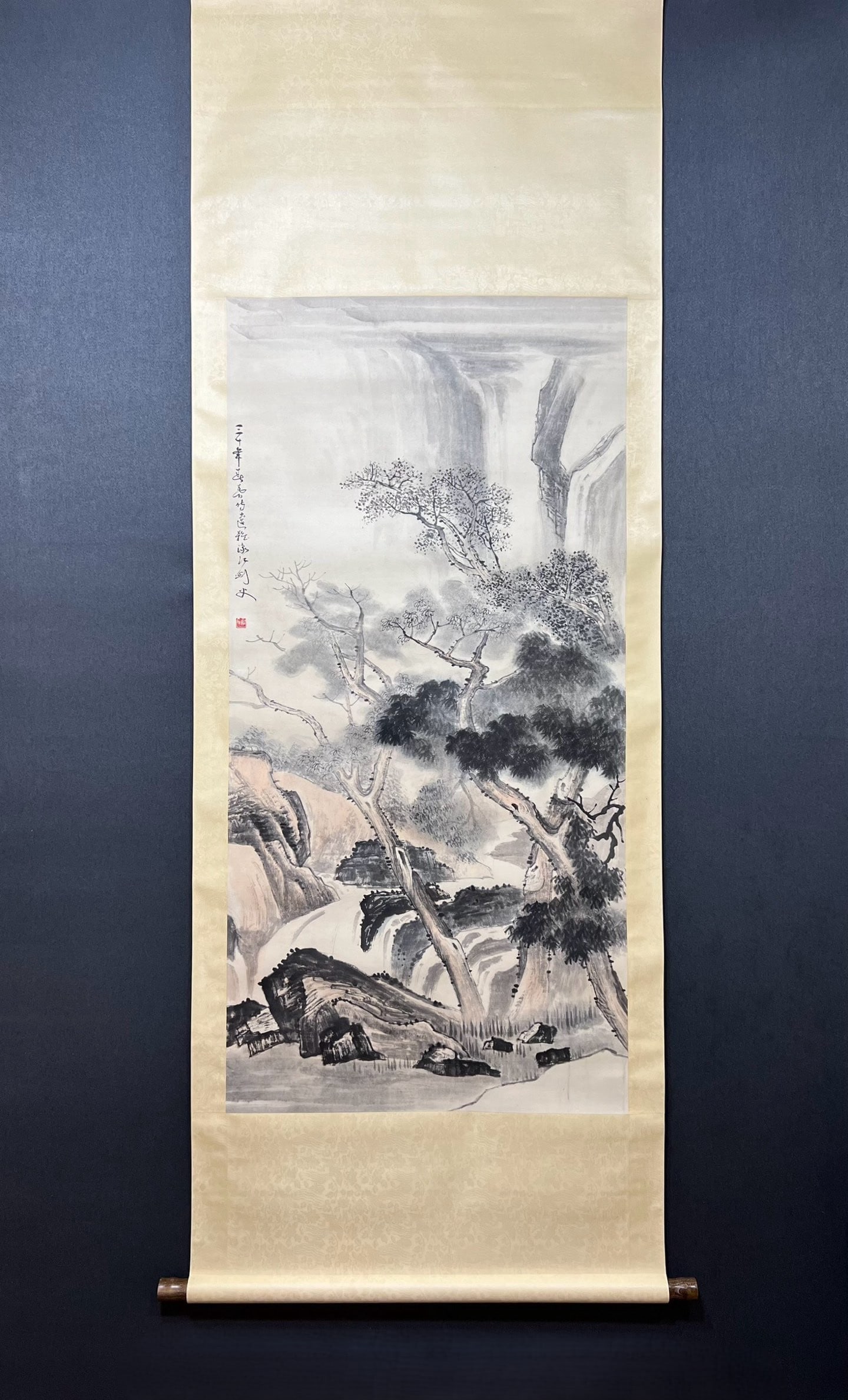 A Chinese Vertical Scroll Ink Painting of Landscape on Paper: A Chinese Vertical Scroll Ink Painting of Landscape on Paper,Gao Jianfu,Size:26.4inx53.9in 一幅中国水墨山水画立轴,高剑