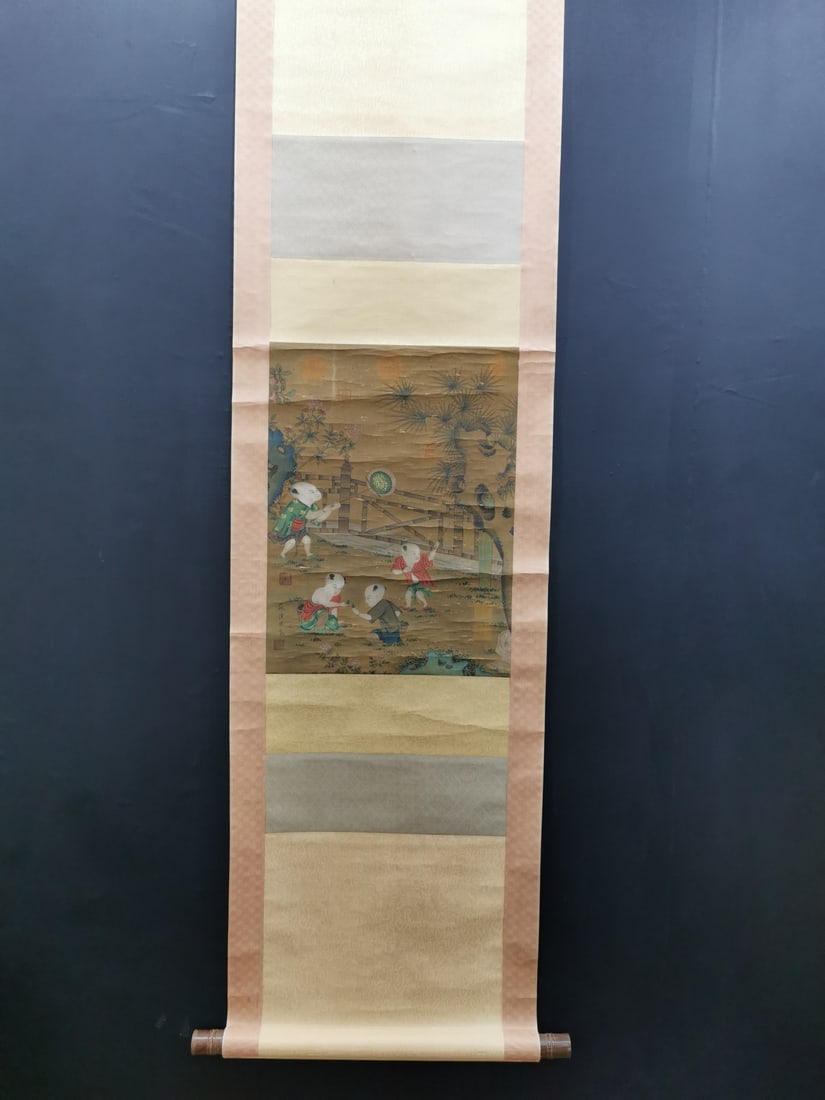 A Chinese Vertical Scroll Ink Painting of Character and Story on Silk: A Chinese Vertical Scroll Ink Painting of Character and Story on Silk,Su Hanchen,Size:17.3inx13.4in 一幅中国水墨绢本人物故事