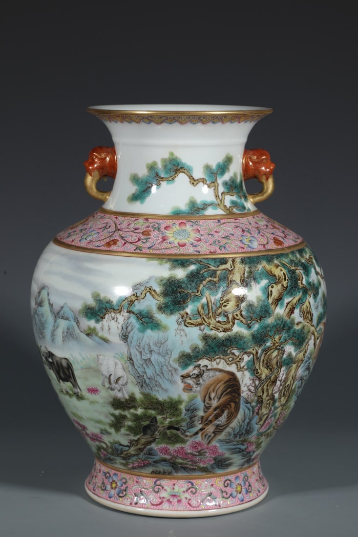 A Rare Famille-Rose the Twelve Chinese Zodiac Signs Pattern Double-Ears Vase: A Rare Famille-Rose the Twelve Chinese Zodiac Signs Pattern Double-Ears Vase,Qing Dynasty,China,Qianlong Six-character Mark,Size:13inx9.8in 粉彩十二生肖纹
