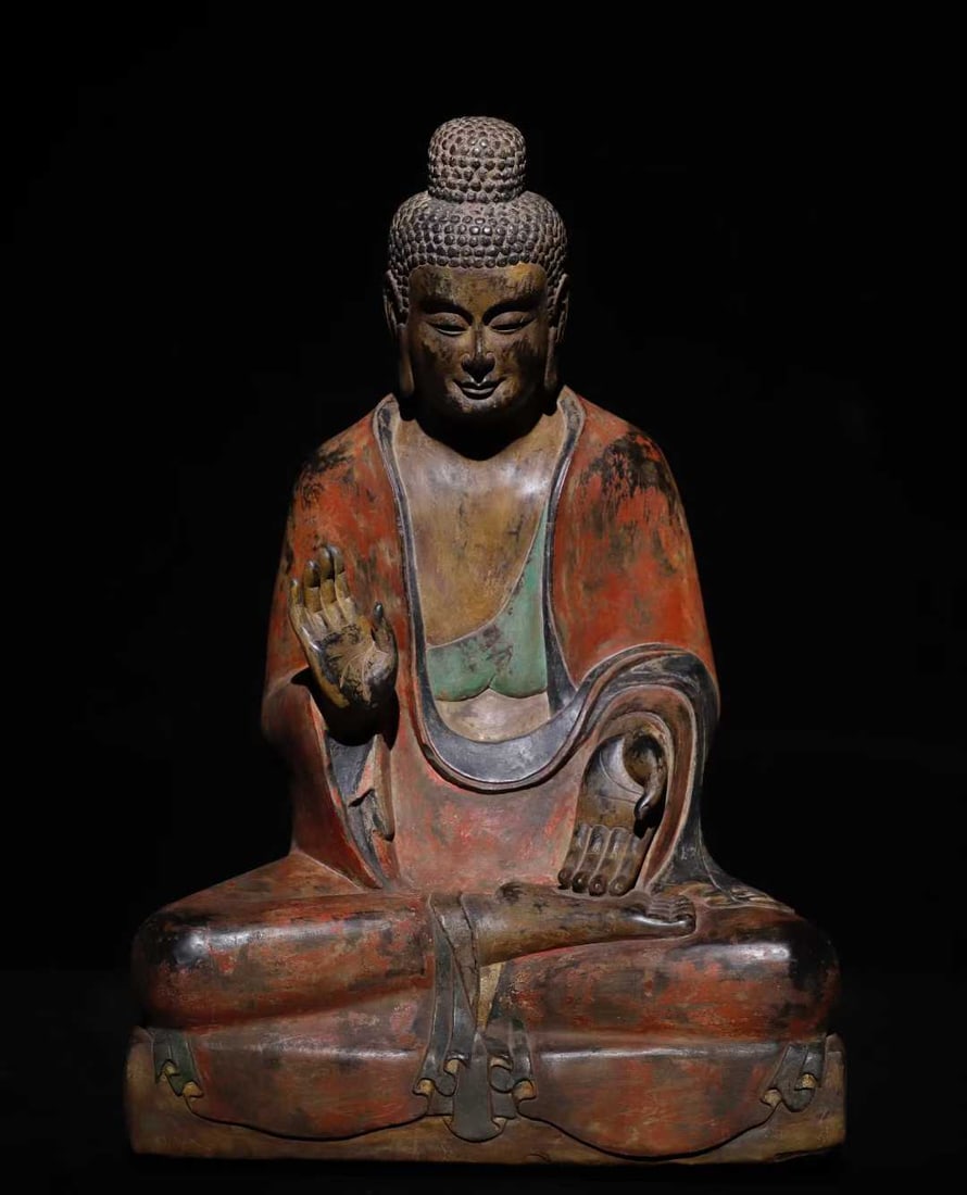 A Solemn Limestone Painted Color Statue of Sakyamuni: A Solemn Limestone Painted Color Statue of Sakyamuni,N.Wei,China,Size:26.8inx18.5inx13.8in 青石彩绘释迦摩尼像,中国北魏