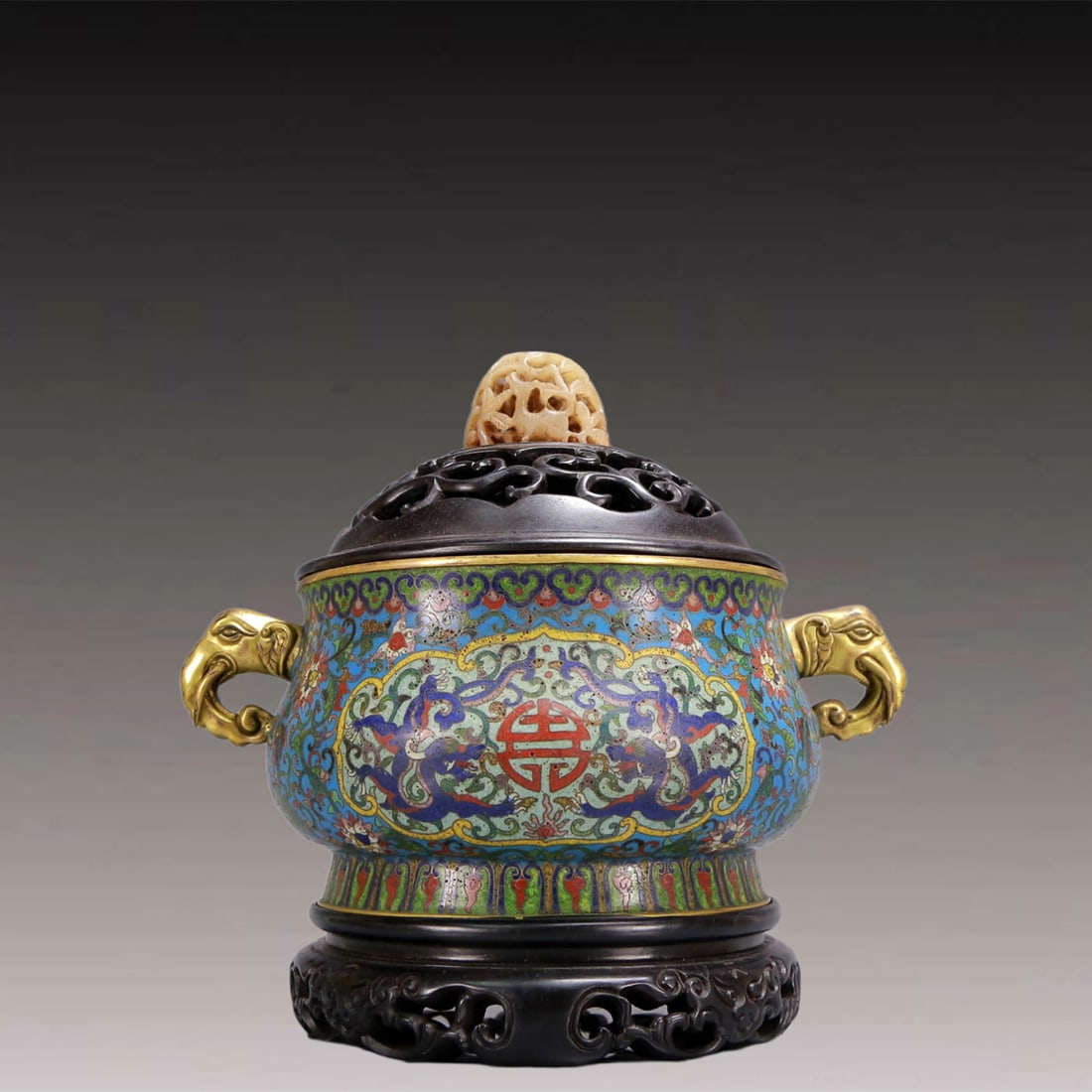 An Archaic Cloisonne Lotus and Dragon Pattern Elephant-Ears Censer,with Zitanwood Inlaid White Jade: An Archaic Cloisonne Lotus and Dragon Pattern Elephant-Ears Censer,with Zitanwood Inlaid White Jade Cover,Qing Dynasty, China,Qianlong Four-character Mark,Size:9.8inx6.7inx9.1in,Weight:2150g 景&