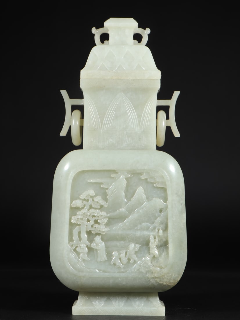 An Exquisite White Jade Landscape and Figure Pattern Double-Ears Bottle: An Exquisite White Jade Landscape and Figure Pattern Double-Ears Bottle ,Qing Dynasty, China,Size:5.4inx2.8inx11.8in,Weight:2646g 白玉山水人物纹双೑