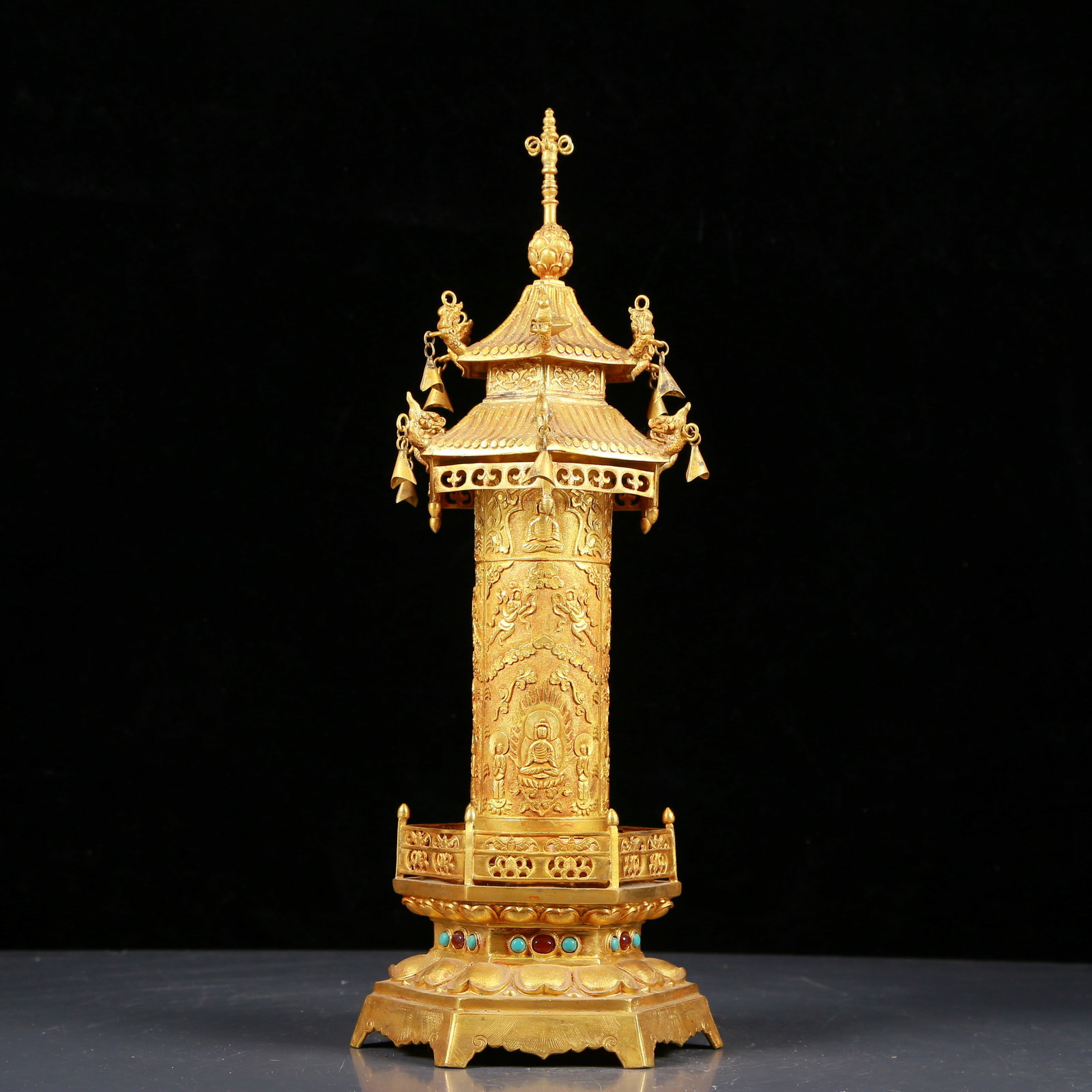 A Rare Gilt Bronze Inlaid Gems Sakyamuni Image Pagoda: A Rare Gilt Bronze Inlaid Gems Sakyamuni Image Pagoda,Qing Dynasty, China ,Size:5.9inx14.6in ,Weight:1700g 