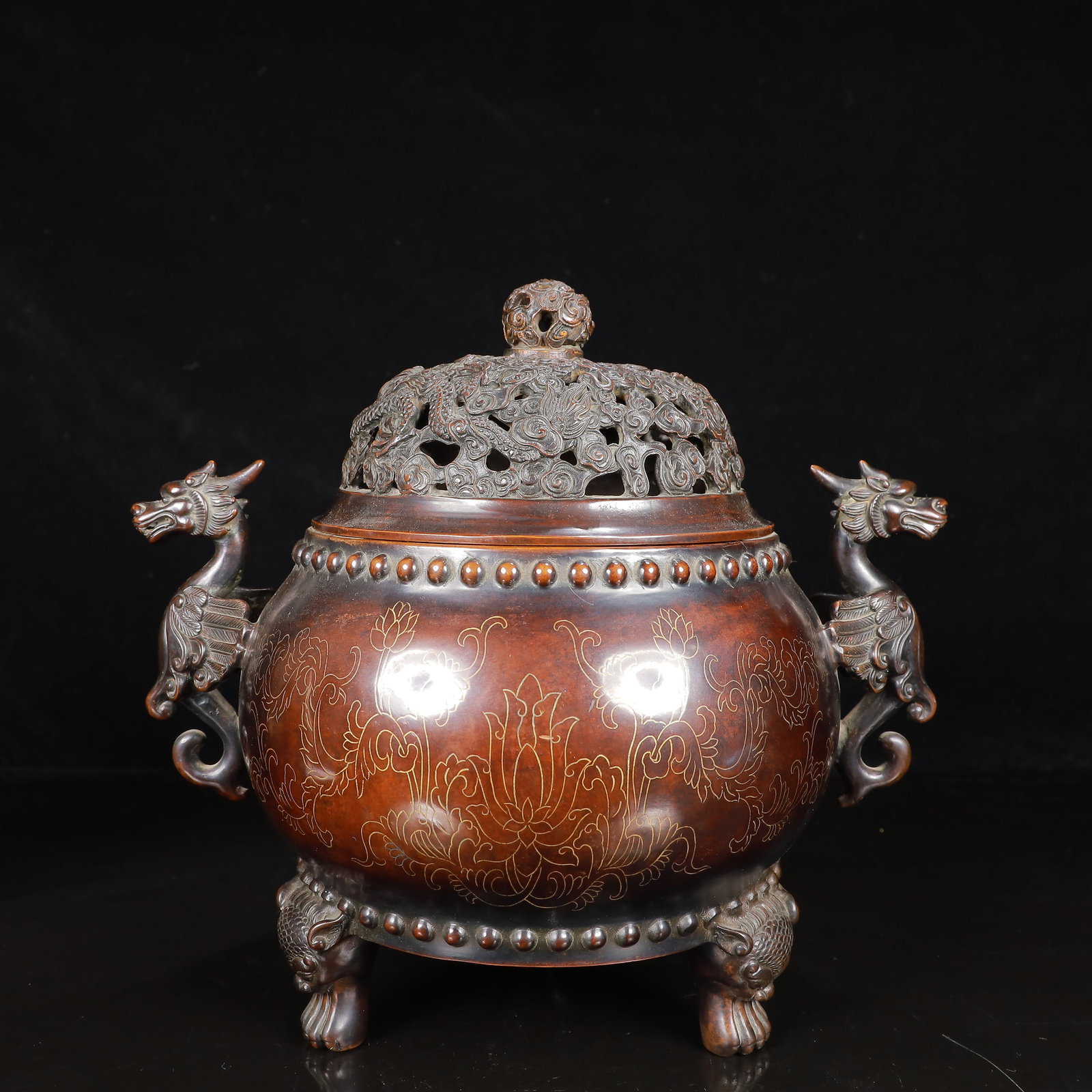 A Rare Bronze Lotus Pattern Double-Ears and Tripod Censer: A Rare Bronze Lotus Pattern Double-Ears and Tripod Censer,Ming Dynasty,China,Xuande Mark,Size:10.6inx11.4inx8.3in,Weight:7550g 铜莲花纹双耳三足香&