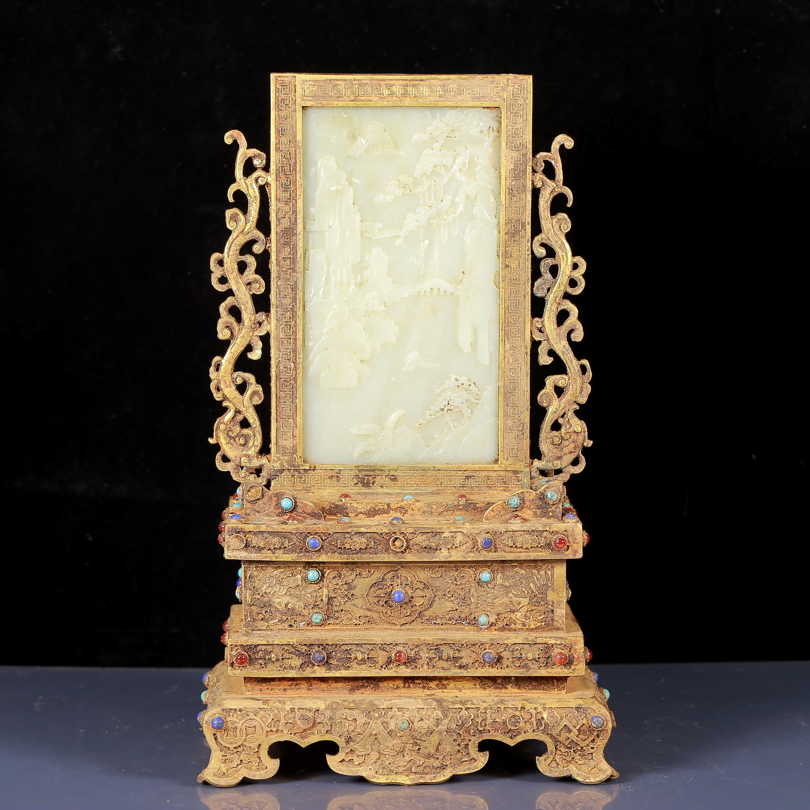 A Rare Gilt Bronze Inlaid White Jade Landscape Pattern Table Screen, Inlaid Gems: A Rare Gilt Bronze Inlaid White Jade Landscape Pattern Table Screen, Inlaid Gems, Qing Dynasty, China,Qianlong Four-character Mark,Size: 7.9inx5.5inx13.8in,Weight:3435g 铜鎏金嵌