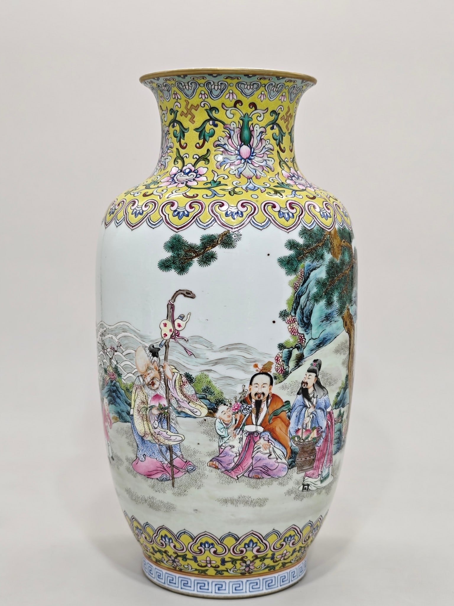A Rare Yellow Ground Famille-Rose Character and Story Pattern Vase: A Rare Yellow Ground Famille-Rose Character and Story Pattern Vase,Qing Dynasty,China,Jiaqing Six-character Mark,Size:13.6inx6.7in 黄地粉彩人物故事ń