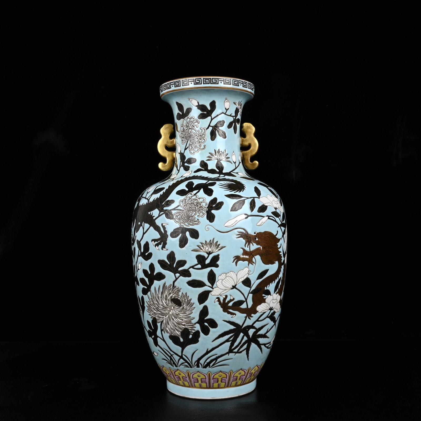 An Exquisite Ink Color Painted Gold Flower and Dragon Pattern Double-Ears Vase: An Exquisite Ink Color Painted Gold Flower and Dragon Pattern Double-Ears Vase,Qing Dynasty,China,Guangxu Six-character Mark,Size:13.8inx7.1in 墨彩描金花卉龙&