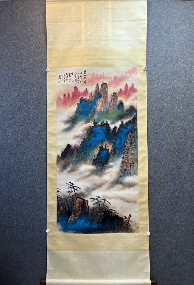 A Chinese Vertical Scroll Ink Painting of Landscape on Paper: A Chinese Vertical Scroll Ink Painting of Landscape on Paper,Liu Haisu,Size:26inx53.1in 一幅中国水墨山水画立轴,刘海粟