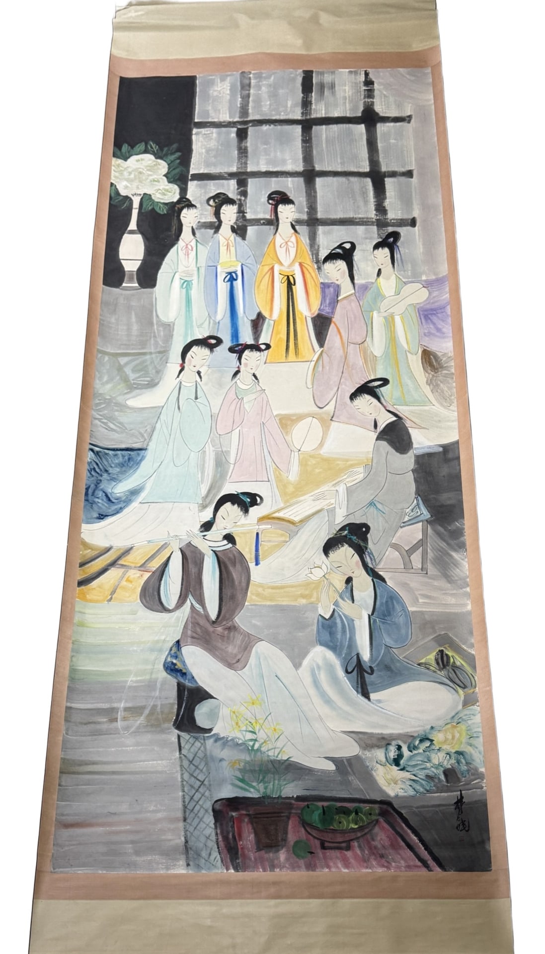 A Chinese Vertical Scroll Ink Painting of Character and Story on Paper: A Chinese Vertical Scroll Ink Painting of Character and Story on Paper,Lin Fengmian,Size:78.7inx196.8in 一幅中国水墨人物故事画立