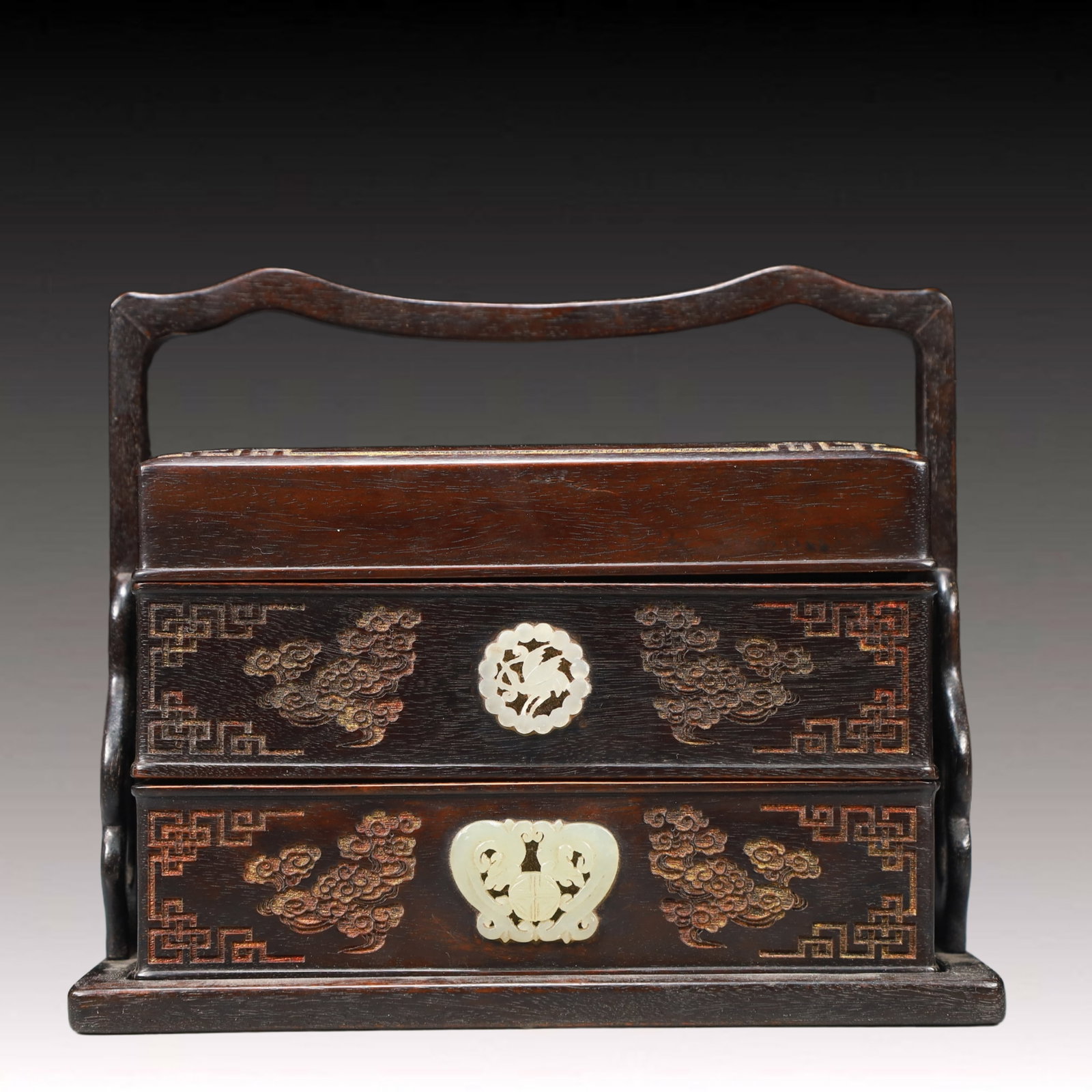 An Exquisite Zitanwood Inlaid White Jade Flower and Bird Pattern Box: An Exquisite Zitanwood Inlaid White Jade Flower and Bird Pattern Box,Qing Dynasty, China,Size:7.9inx4.9inx6.7in,Weight:750g 紫檀木嵌白玉花鸟纹